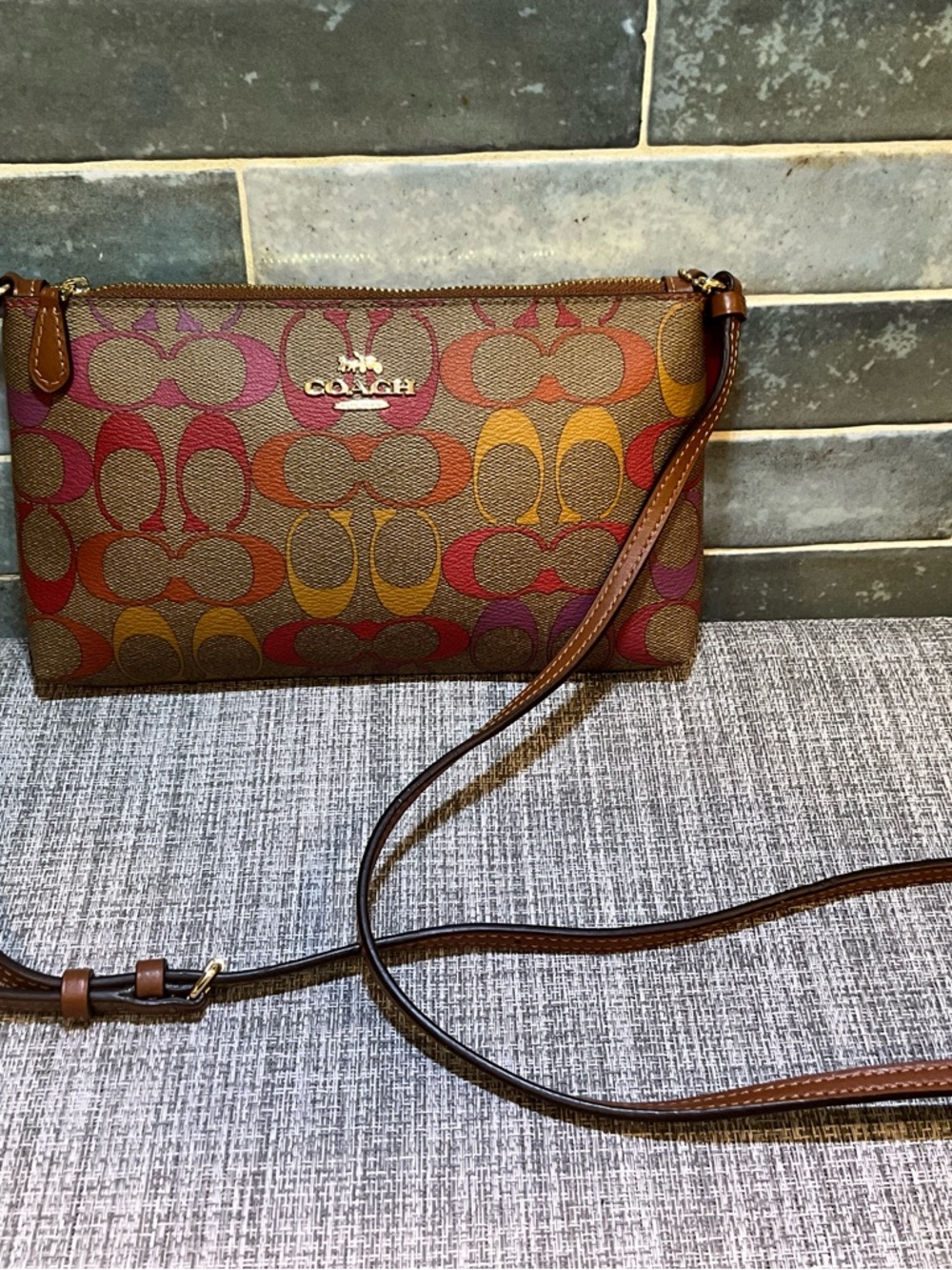 Coach C1653 Zip Top Rainbow Signature Canvas Crossbody Bag